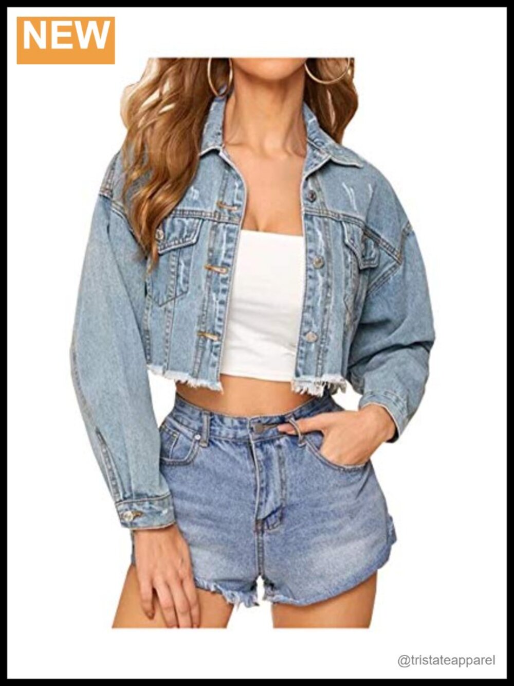 Women's Cropped Denim Jacket Raw Hem Button Front Jean Jacket Fall